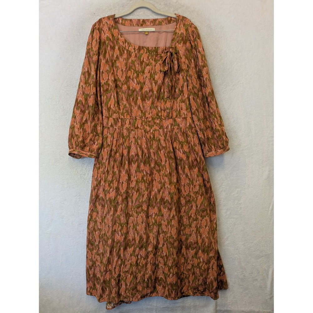 Downeast Midi Dress Women's XL Pink Green‎ Ikat Square Neck Side Bow 3/4 Sleeve